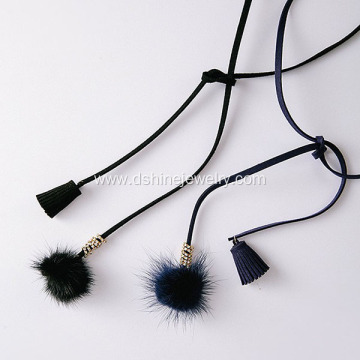 Black Velvet Leather Tassel Ball Pendant Tied Long Necklaces